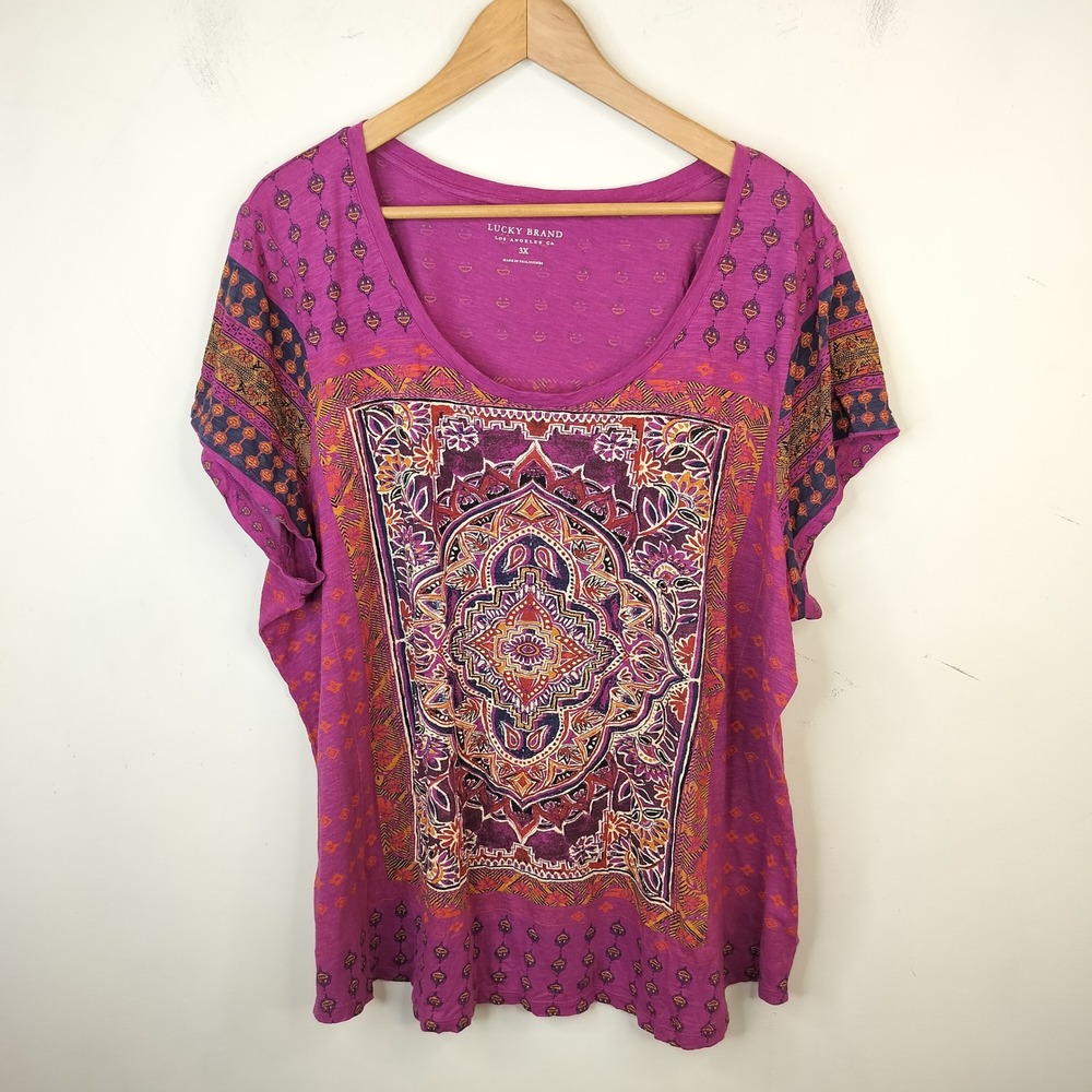 Lucky Brand T-Shirt 3X Floral Mandala Print Boho Magenta Pink